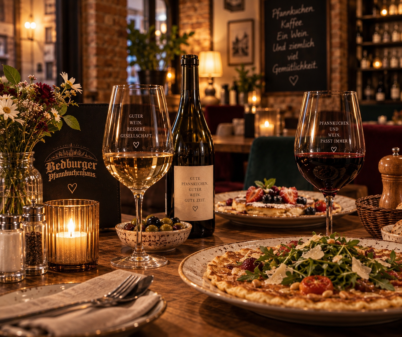 Wein und Pfannkuchen auf einem gedeckten Holztisch im Restaurant