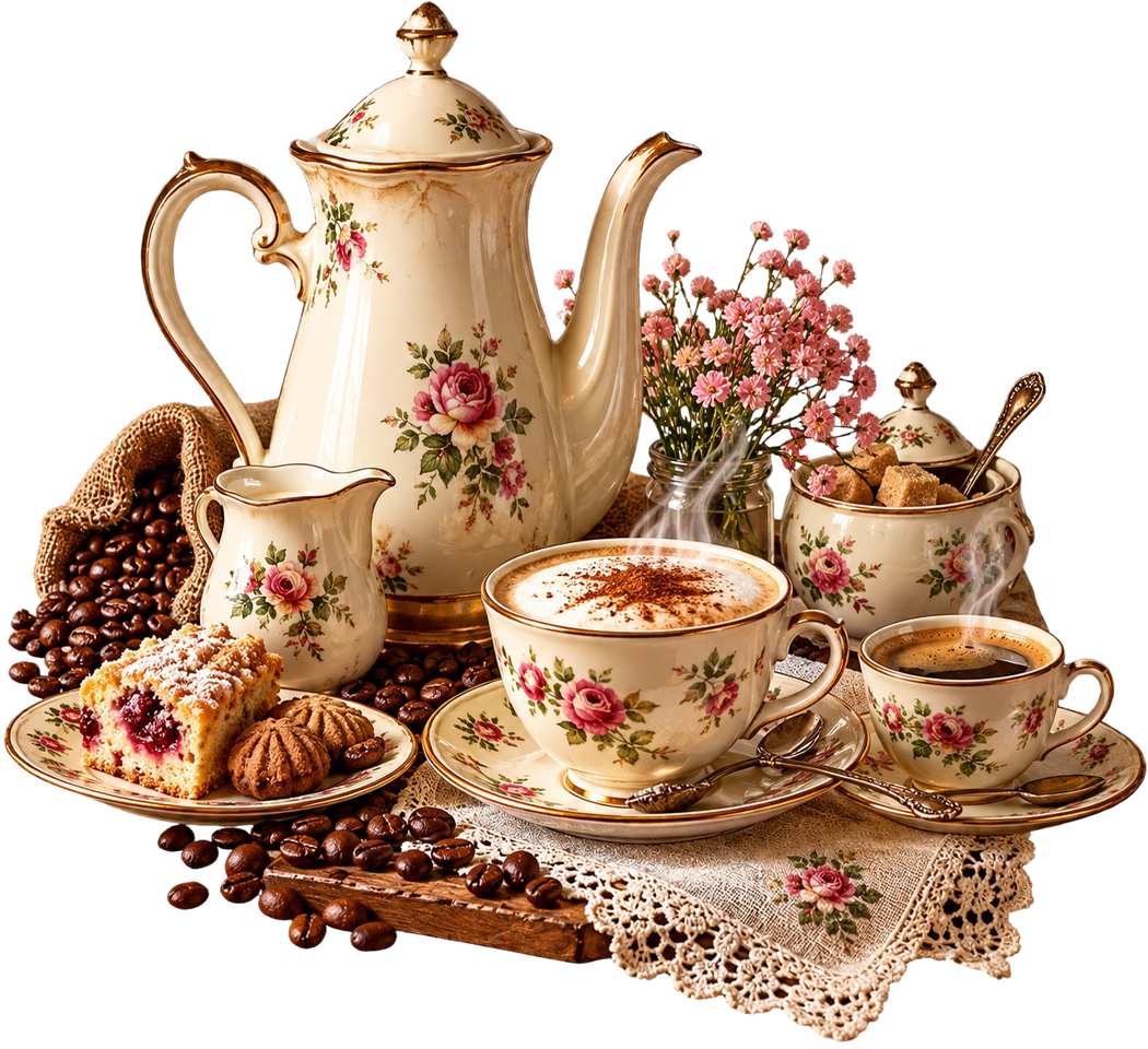 Florales Vintage-Kaffeeservice mit Kaffee, Kuchen und Kaffeebohnen