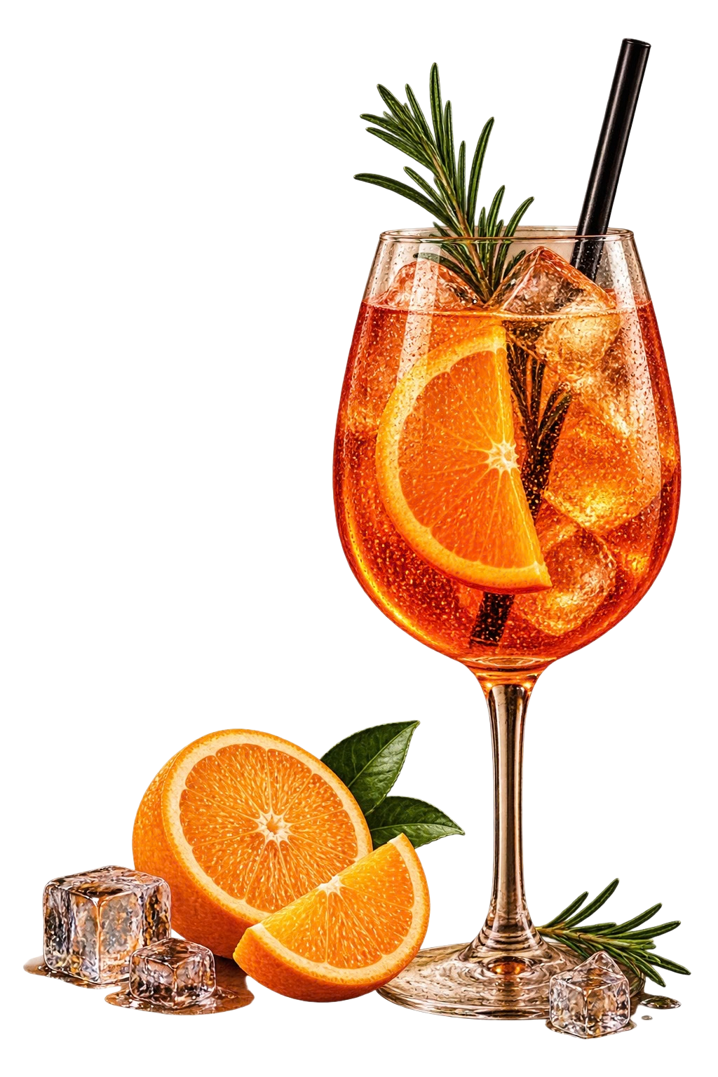 Orangefarbener Longdrink mit Orange, Eis und Rosmarin