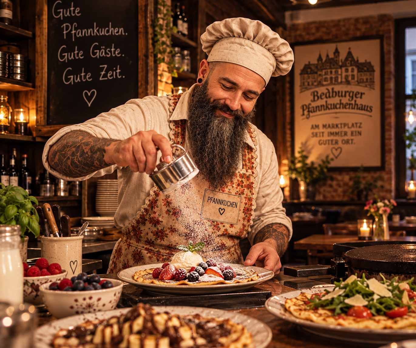Patrick in floraler Pfannkuchen-Schürze bei der Zubereitung eines Pfannkuchens