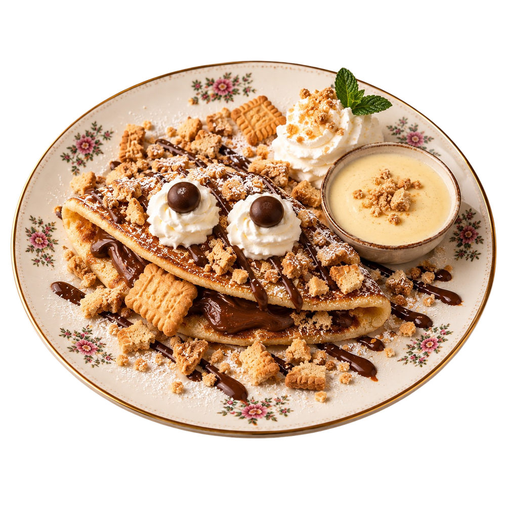 Kinder-Pfannkuchen mit Nutella, Keksen und Vanillesoße auf floralem Teller