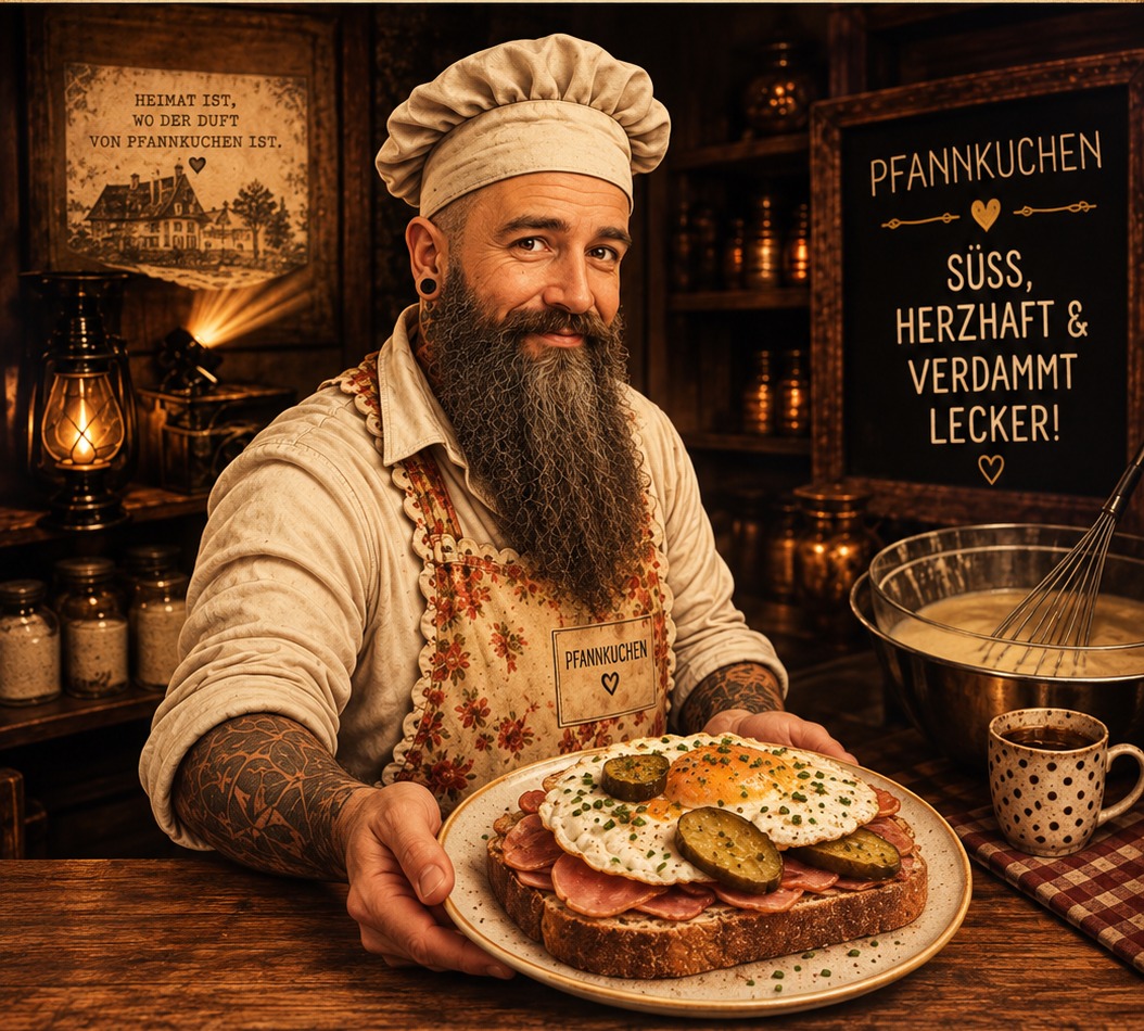 Patrick in der urigen Küche mit Strammem Max auf dem Teller